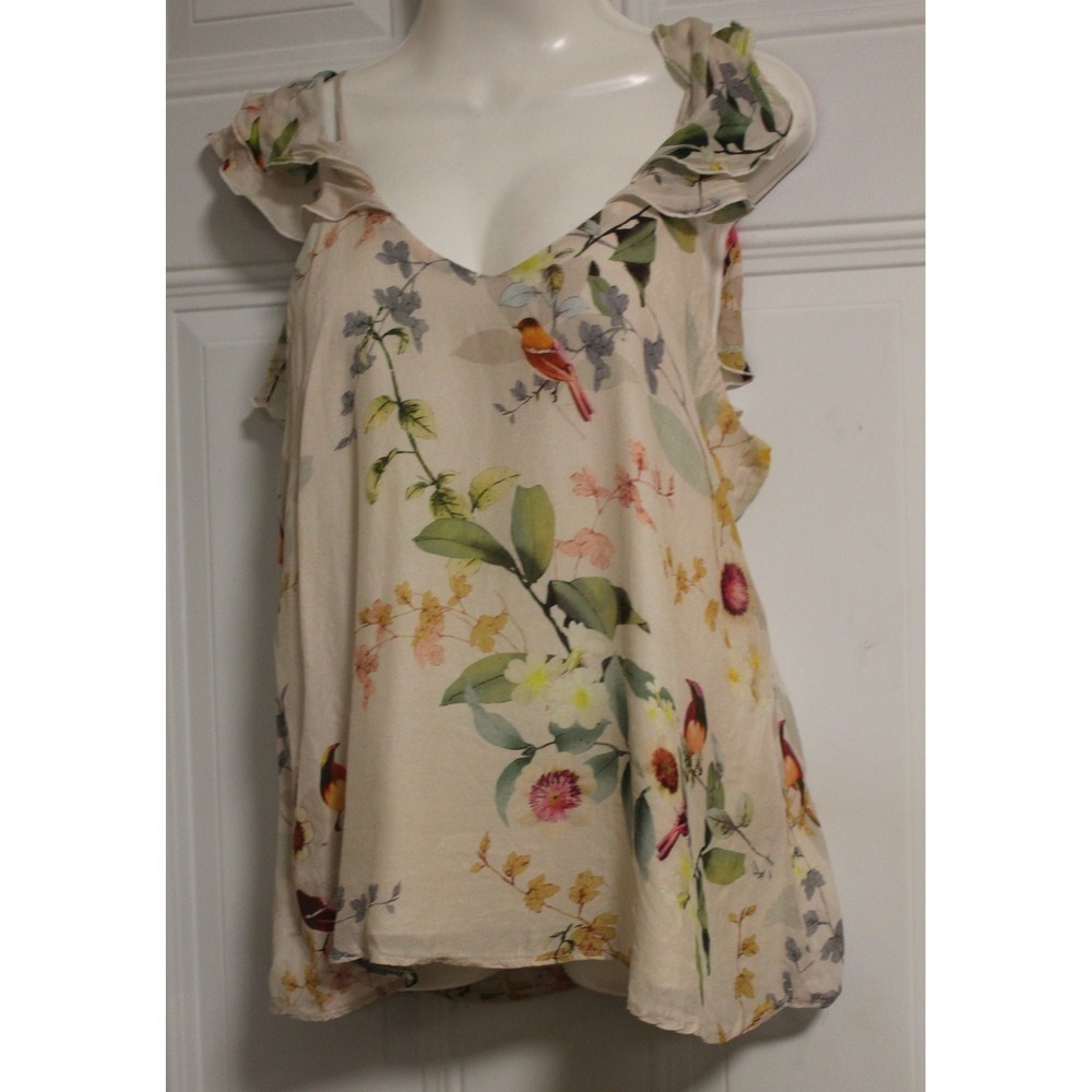Lisa & Lucy Floral Bird Print Ruffle V-Neck Camisole Tank Top Cream Size M - Picture 9 of 11
